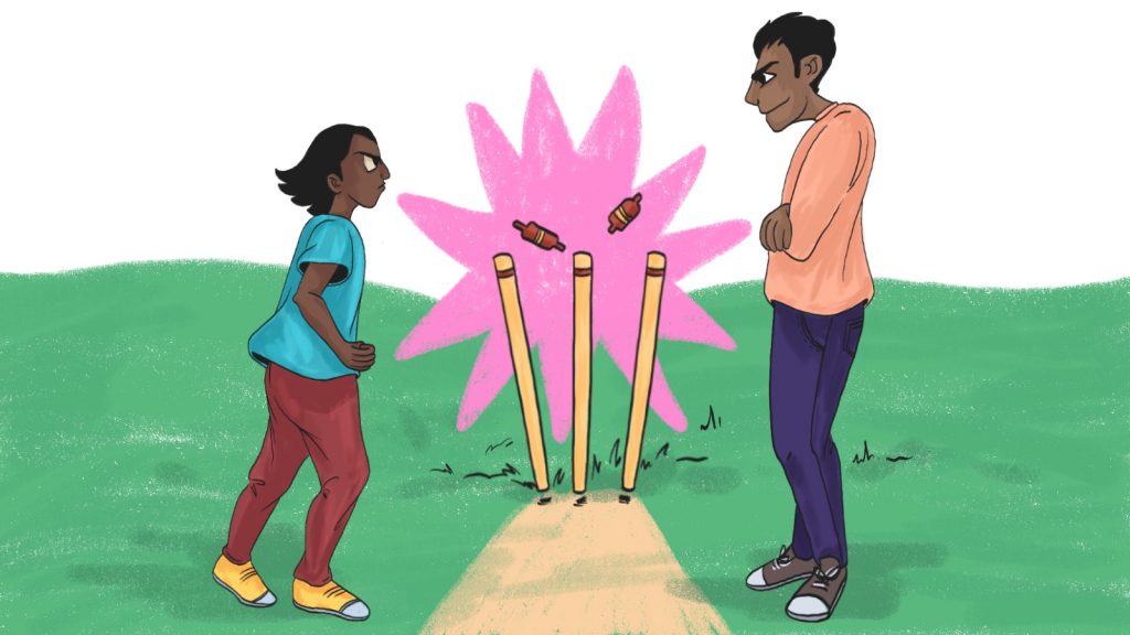Illustration of a girl standing up to a bully on a cricket field