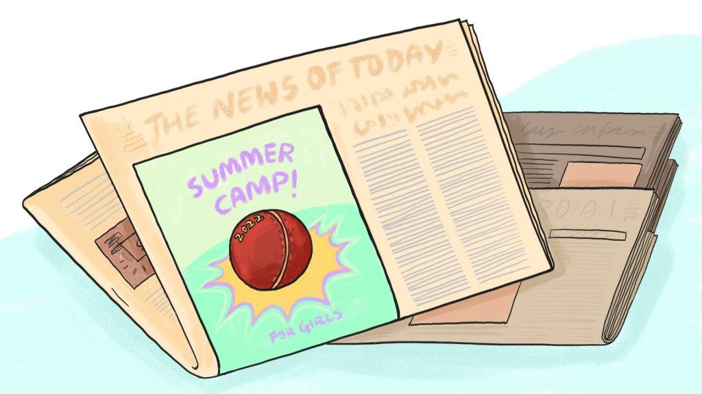 Illustration of a newspaper story about a cricket summer camp