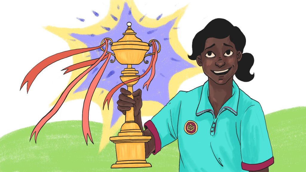 Illustration of a girl holding a trophy