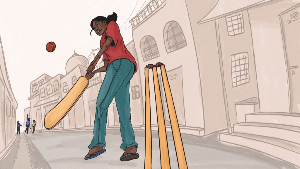 Illustration of a girl playing gully cricket