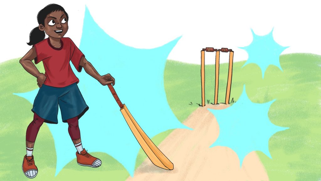 Illustration of a girl holding a bat on a cricket field