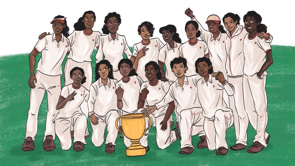 An illustration of a girls cricket team with the trophy